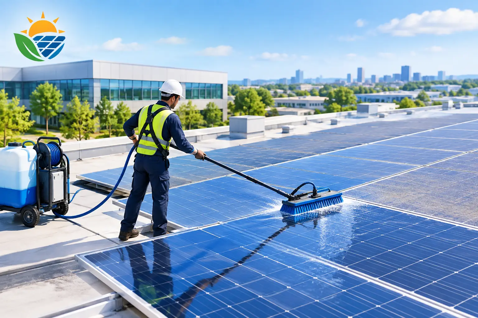 Commercial ballasted-roof array with the Wisconsin State Capitol dome in the background, May 2026