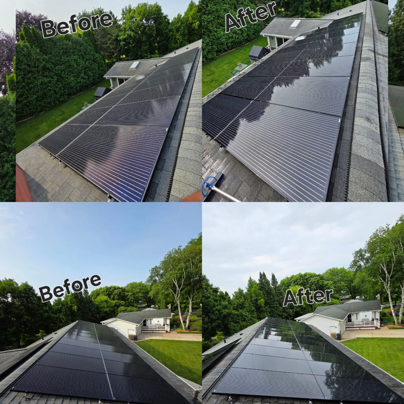 Clean solar panels on residential roof after professional service