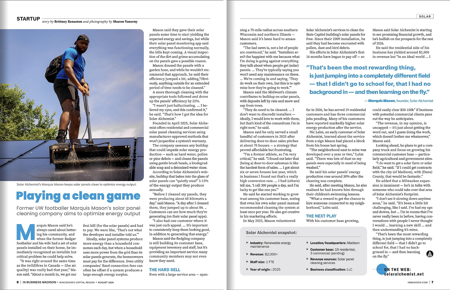 Full page spread from In Business Madison, August 2026 — 'Playing a Clean Game: Former UW footballer Marquis Mason's solar panel cleaning company aims to optimize energy output.'
